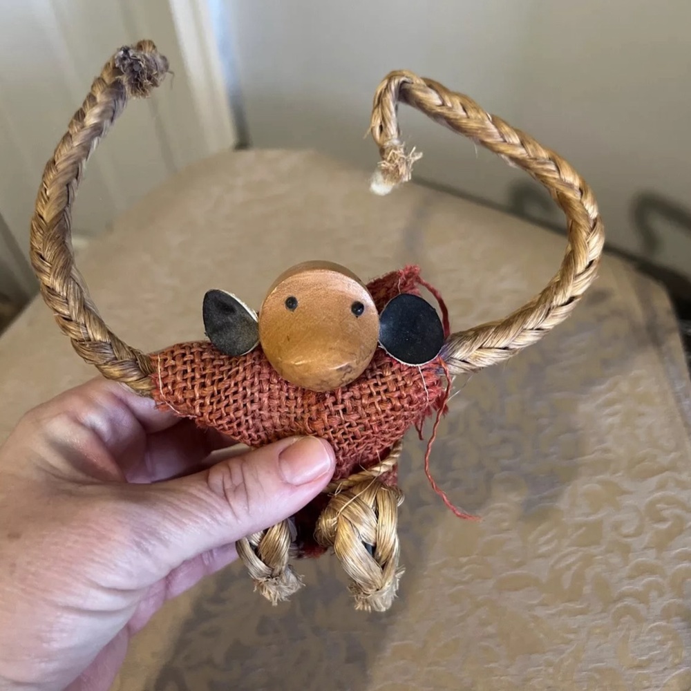 Vintage Mid Century Teak Enesco Hanging Monkey Rope